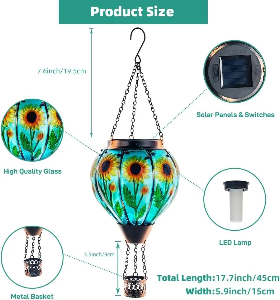Starsoul Sunflower Hot Air Balloon Solar Lantern Glass Outdoor Hot Air Balloon Solar Flickering Flame Light Waterproof Hanging Lamp Garden Patio Yard Party Decor