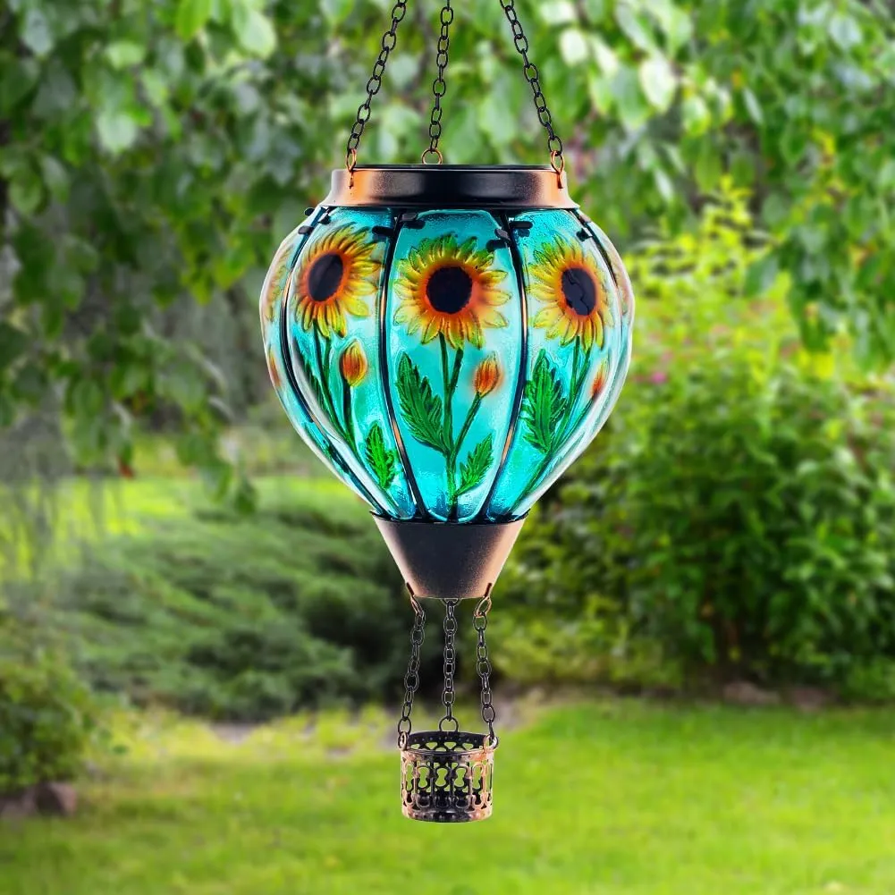 Starsoul Sunflower Hot Air Balloon Solar Lantern Glass Outdoor Hot Air Balloon Solar Flickering Flame Light Waterproof Hanging Lamp Garden Patio Yard Party Decor