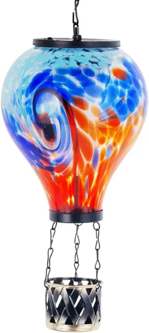 Starsoul Unique Hot Air Balloon Solar Lantern Glass Outdoor Hot Air Balloon Solar Flickering Flame Light Waterproof Hanging Lantern with Big Basket for Garden Yard Patio Decor