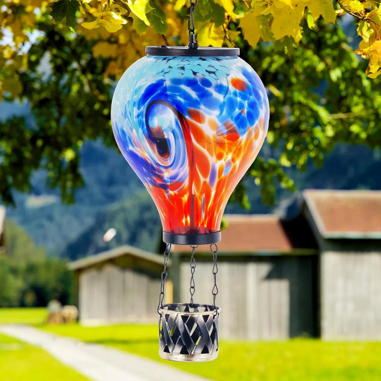 Starsoul Unique Hot Air Balloon Solar Lantern Glass Outdoor Hot Air Balloon Solar Flickering Flame Light Waterproof Hanging Lantern with Big Basket for Garden Yard Patio Decor
