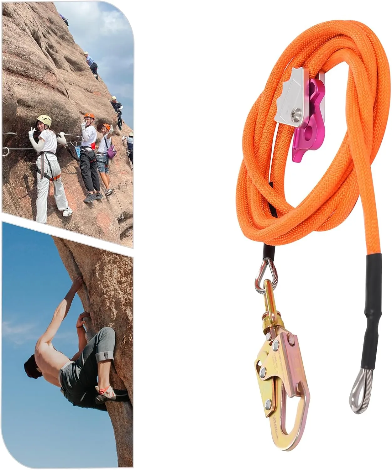 Steel Wire Core Flip Line Kit, 1/2 inch x 16 feet Wire Core Flipline with Triple Lock Carabiner and Steel Swivel Snap Wire Core Flipline System for Arborists Climbers