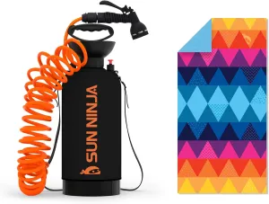 SUN NINJA Portable Shower Bundle with Microfiber Beach Towel, 7-Mode Multi-Spray Shower Head, Neoprene Cover Keeps Water Warm, Quick-Drying, Sand-Free, Lightweight, Compact - Outdoor Cleaning Kit