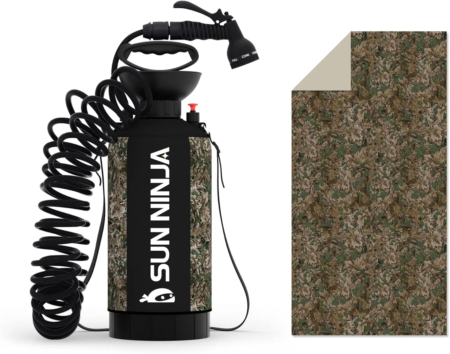 SUN NINJA Portable Shower Bundle with Microfiber Beach Towel, 7-Mode Multi-Spray Shower Head, Neoprene Cover Keeps Water Warm, Quick-Drying, Sand-Free, Lightweight, Compact - Outdoor Cleaning Kit