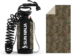 SUN NINJA Portable Shower Bundle with Microfiber Beach Towel, 7-Mode Multi-Spray Shower Head, Neoprene Cover Keeps Water Warm, Quick-Drying, Sand-Free, Lightweight, Compact - Outdoor Cleaning Kit