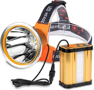 Superbright Bright Portable Rechargeable Headlight Powerful LED Headlamp Flashlight with 3 Light Modes External Battery Pack for Camping Biking Hunting Fishing (Yellow Light)