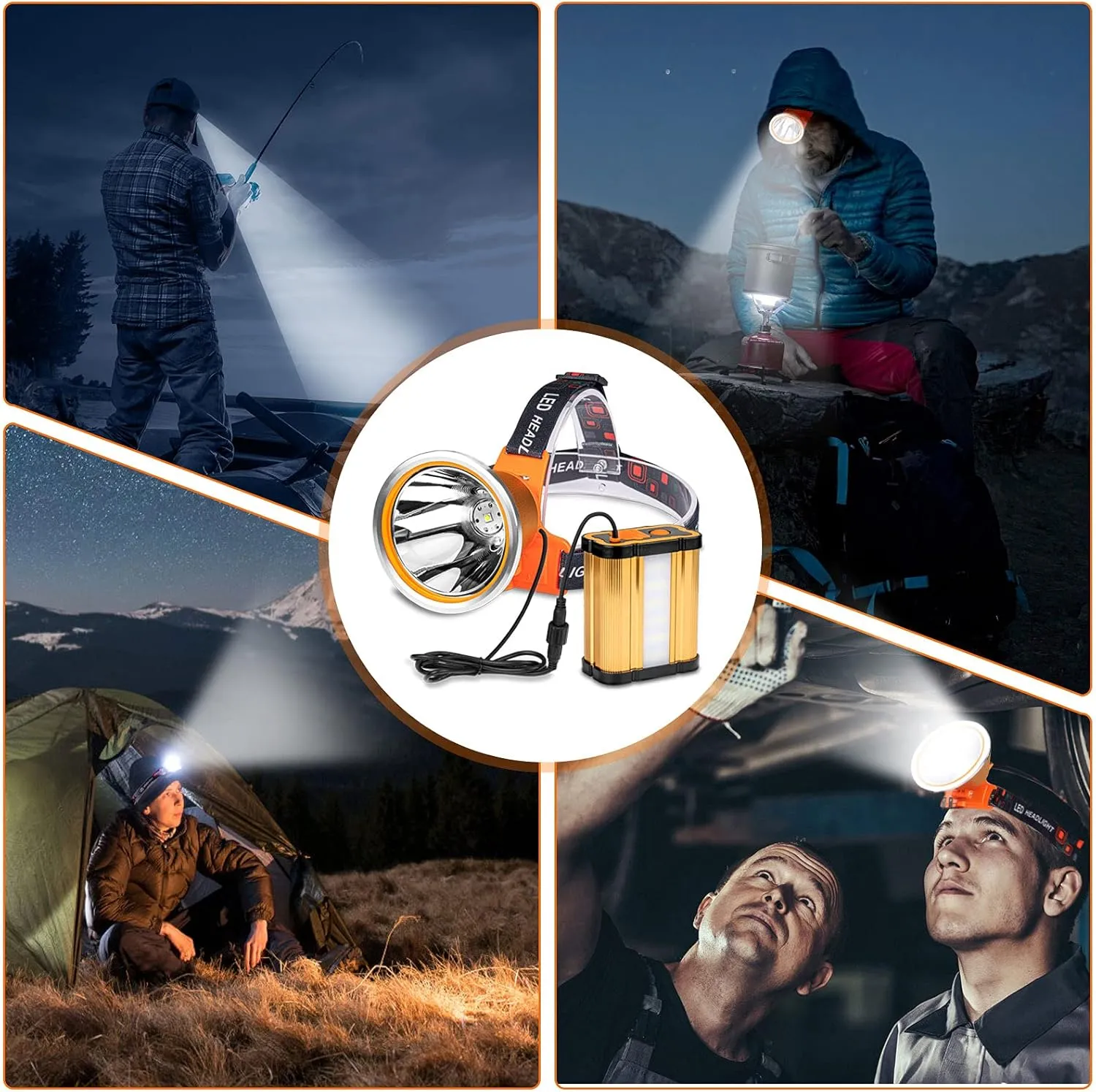 Superbright Bright Portable Rechargeable Headlight Powerful LED Headlamp Flashlight with 3 Light Modes External Battery Pack for Camping Biking Hunting Fishing (Yellow Light)