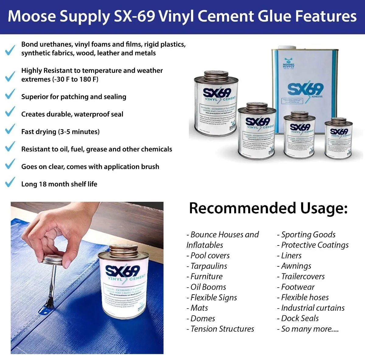 SX 69 Vinyl Repair Kit | Inflatable Bounce House Repair Kit | Includes 4 Ounce Adhesive and Vinyl Roll | for Flexible, Waterproof Repairs of Tears, Punctures, and Holes