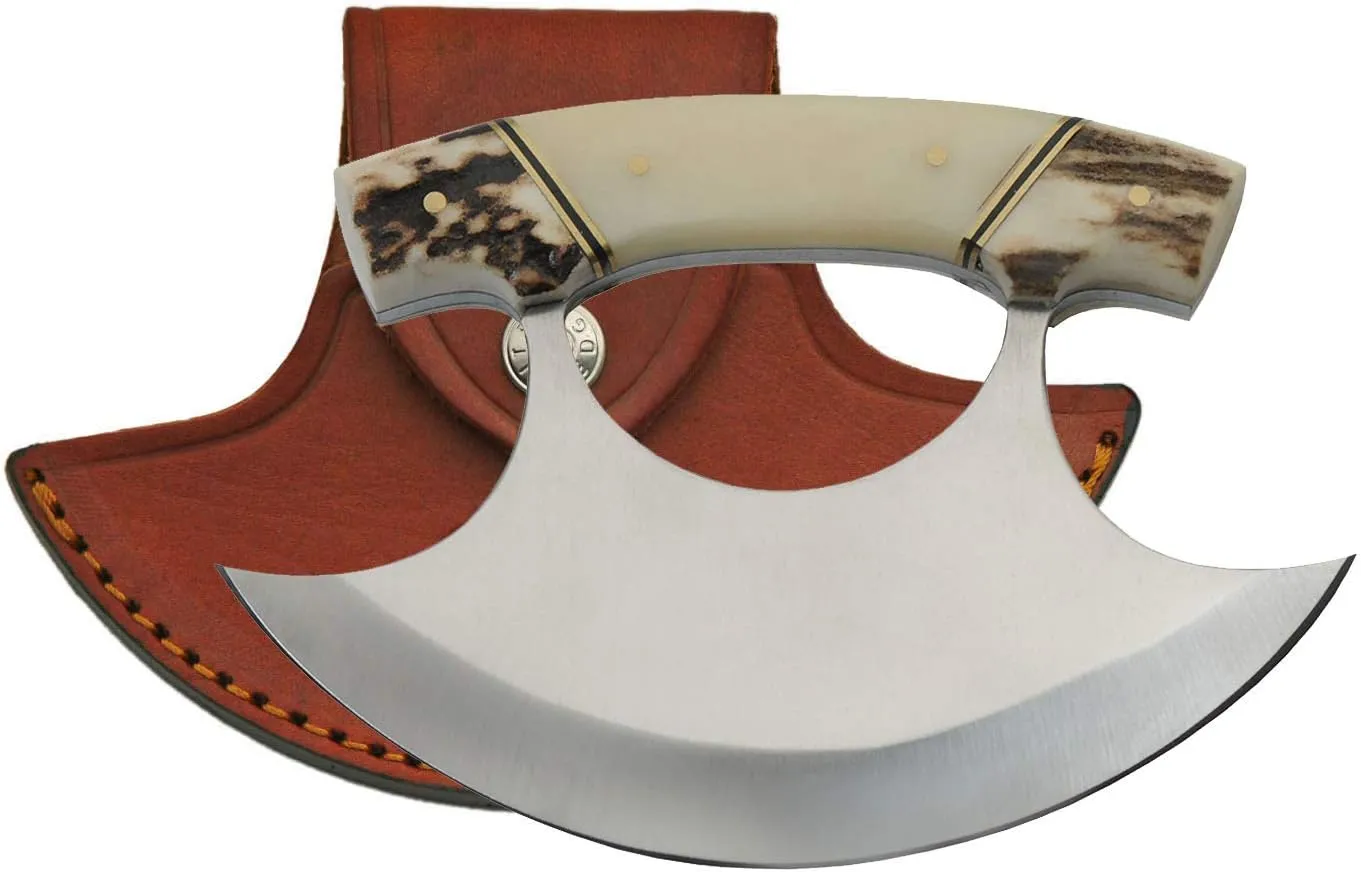 Szco Supplies Handcrafted 5.5-Inch Ulu Knife with Stag Handle – Crescent-Shaped Stainless Steel Blade with Leather Sheath for Kitchen, Camping, and Outdoor Use