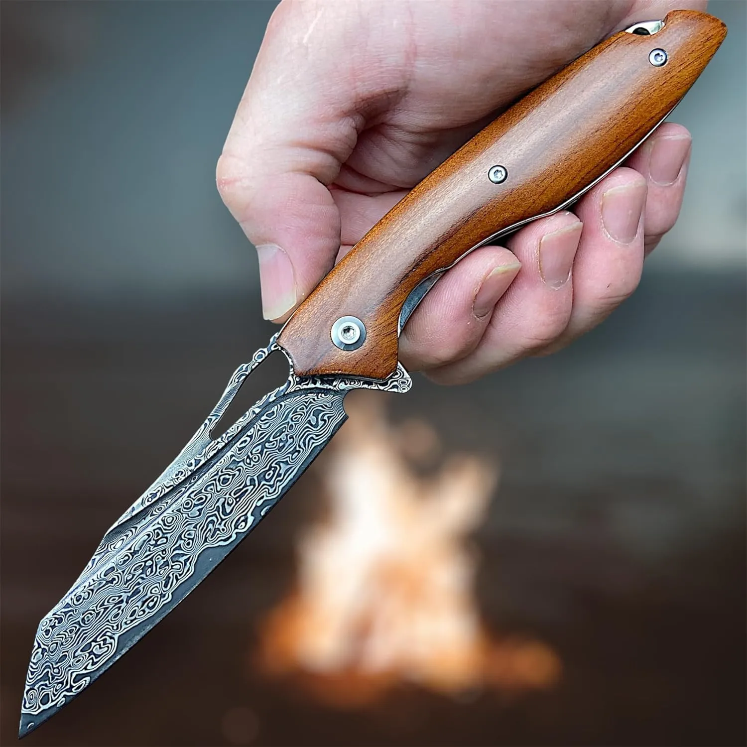TACTICAL GEARZ Damascus Pocket Knife for EDC, Custom Ironwood Handle, Multi-Layered Damascus Steel Blade (Kau)
