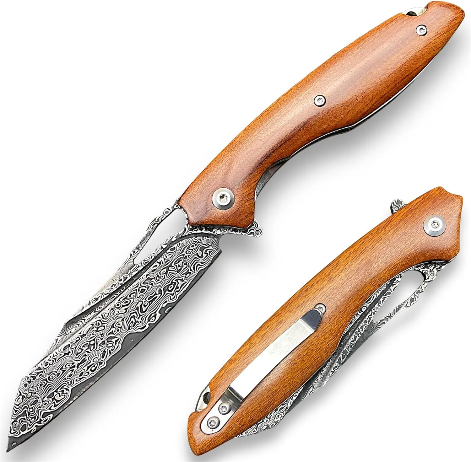 TACTICAL GEARZ Damascus Pocket Knife for EDC, Custom Ironwood Handle, Multi-Layered Damascus Steel Blade (Kau)