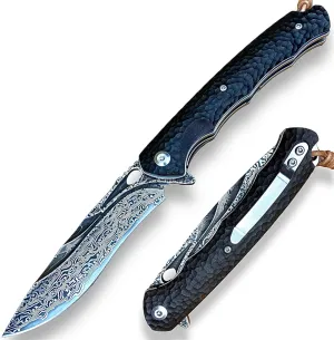 TACTICAL GEARZ Damascus Steel Pocket Knife for EDC, Ebony (Black) Wood Handle, Multi-Layered Damascus Steel Blade (Krato XT)
