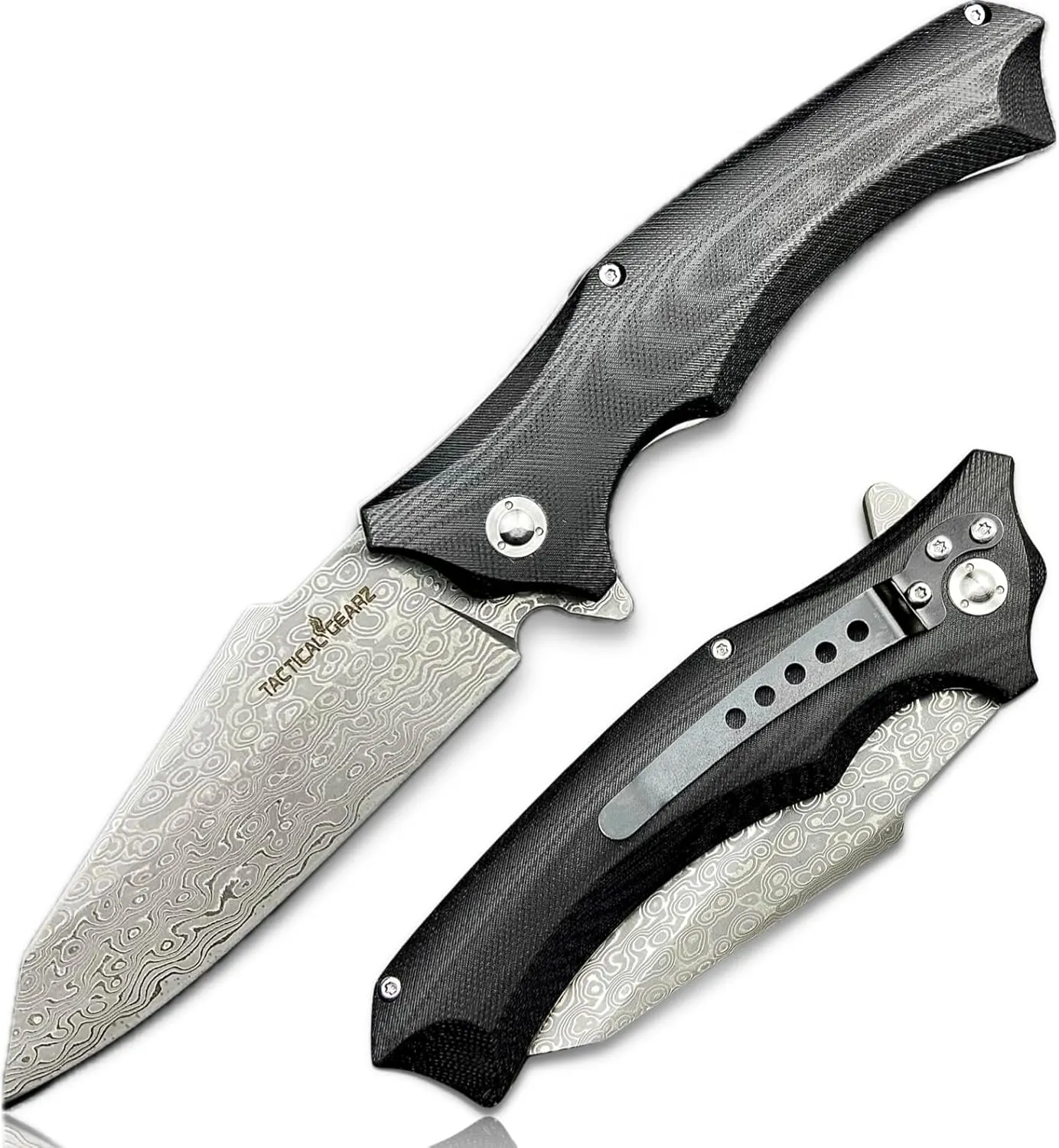TACTICAL GEARZ Pocket Knife w/Multi Layered Damascus Steel Blade w/VG10 Core, G10 Handle, Includes Sheath (Black Vex XT)