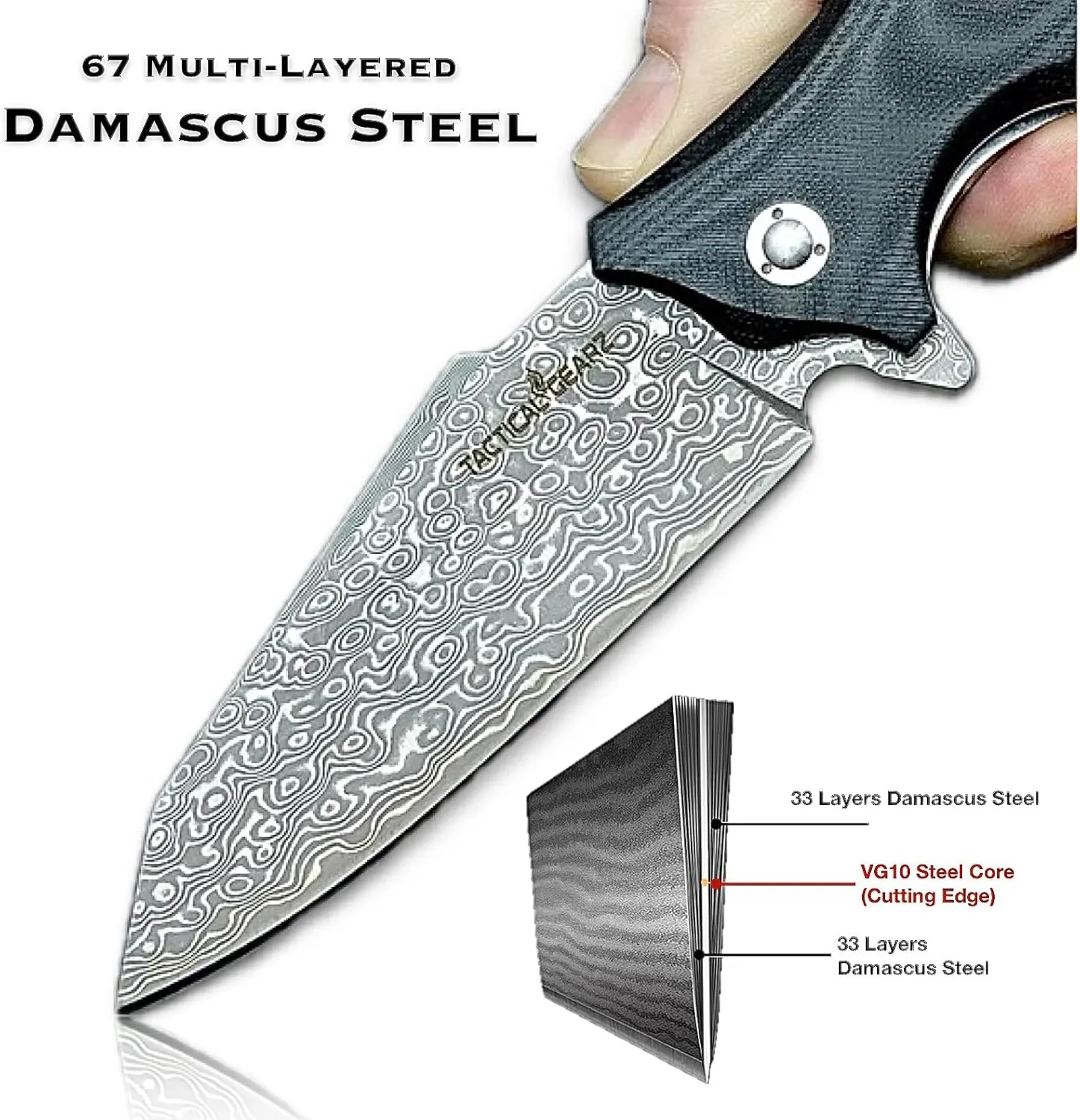 TACTICAL GEARZ Pocket Knife w/Multi Layered Damascus Steel Blade w/VG10 Core, G10 Handle, Includes Sheath (Black Vex XT)
