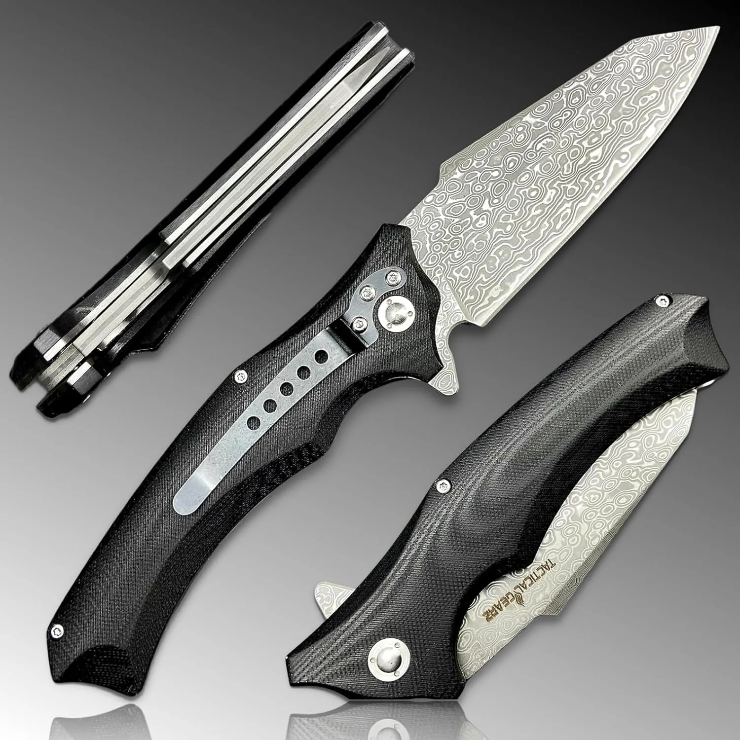 TACTICAL GEARZ Pocket Knife w/Multi Layered Damascus Steel Blade w/VG10 Core, G10 Handle, Includes Sheath (Black Vex XT)