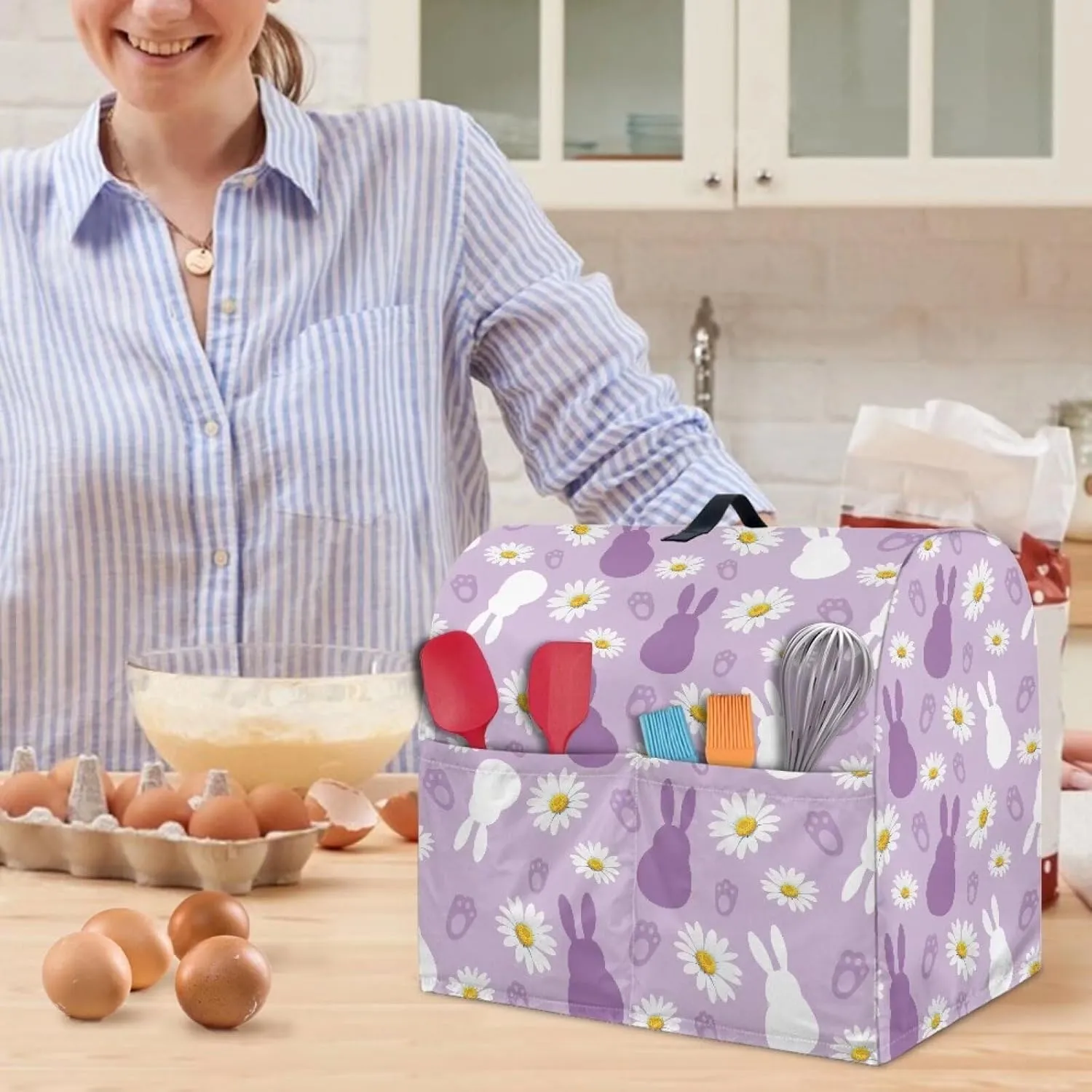 Talayituse Rabbit Paw Daisy Print Stand Mixer Cover Compatible with Kitchen Aid 4.5-5 Quart, Easter Decor Dust Cover with Handle for Coffee Maker, Waterproof Blender Appliance Organizer Bag, Small