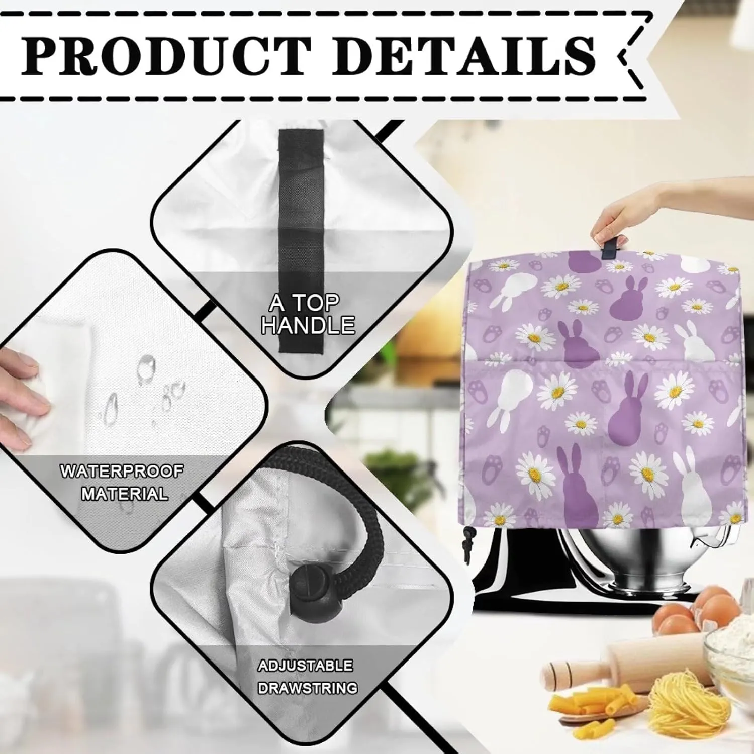 Talayituse Rabbit Paw Daisy Print Stand Mixer Cover Compatible with Kitchen Aid 4.5-5 Quart, Easter Decor Dust Cover with Handle for Coffee Maker, Waterproof Blender Appliance Organizer Bag, Small