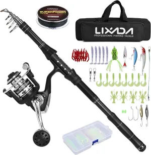 Telescopic Fishing Rod and Reel Combos Full Kit, Lixada Carbon Fiber Fishing Pole Lures Set Portable Travel Kit with Carrier Bag for Sea Saltwater Freshwater