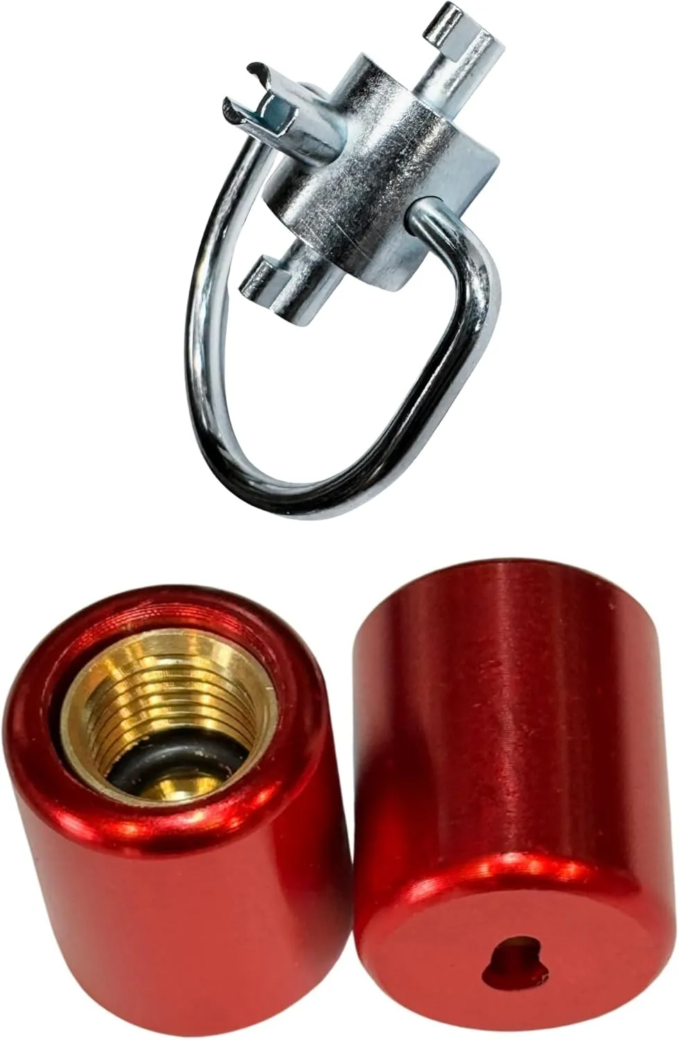 The HVAC 3-in-1 Multi Key Tool & 2 Pink Brass 1/4 inch Refrigerant locking caps Safe guard your AC systems efficiency and the environment from lost or accidental Miss-Use. ECWB, Red (3in1)