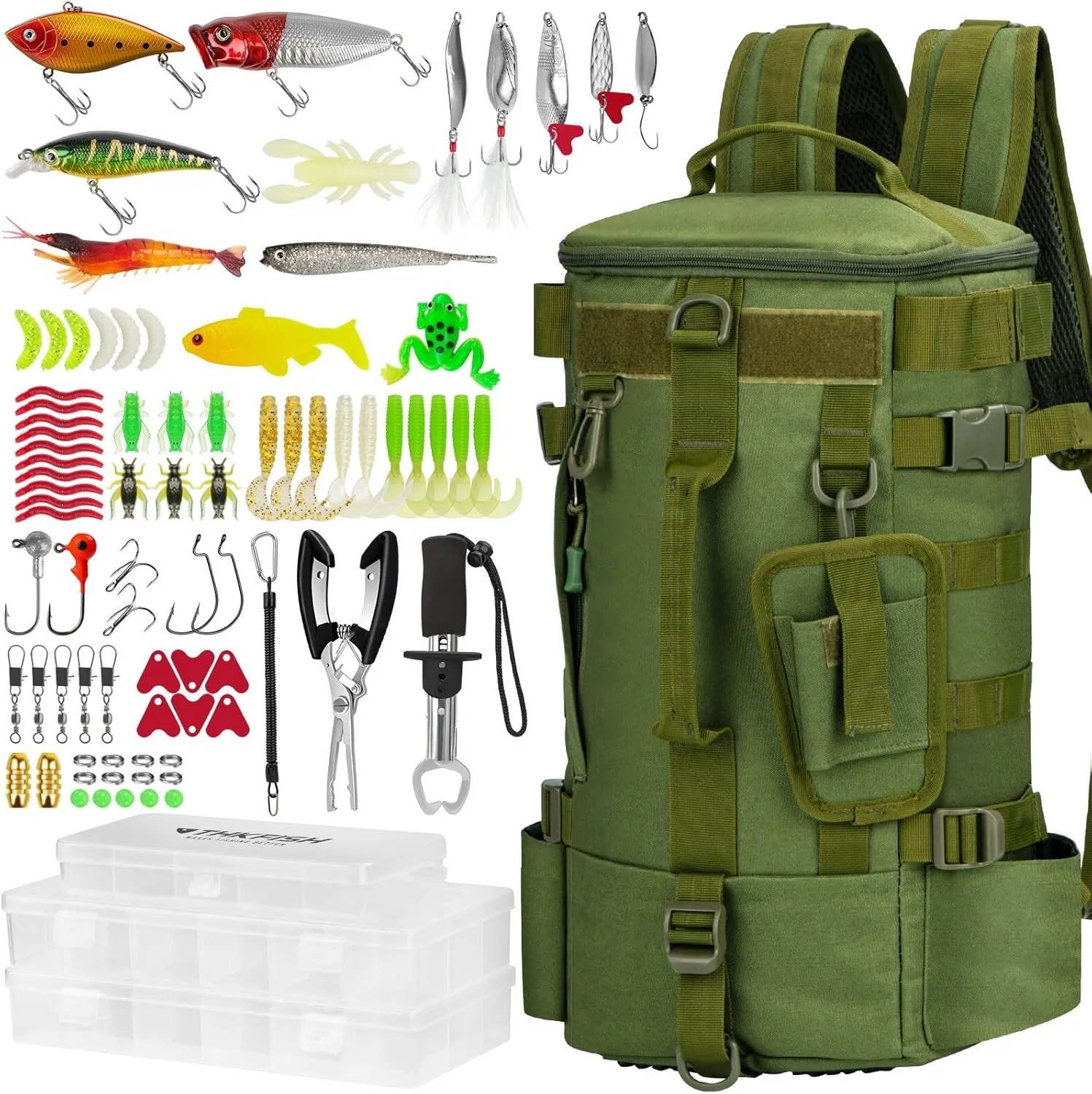 THKFISH 85Pcs Fishing Backpack with Tackle Boxes, Tackle Sling Bag with Rod Holder for Fishing Gear, Fishing Tackle Kit and Fishing Stuff Include Fishing Pliers Kit for Men Women