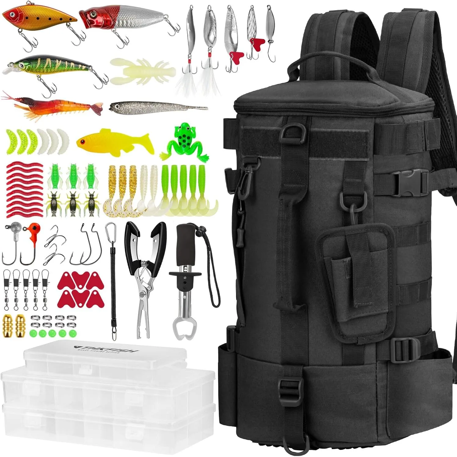 THKFISH 85Pcs Fishing Backpack with Tackle Boxes, Tackle Sling Bag with Rod Holder for Fishing Gear, Fishing Tackle Kit and Fishing Stuff Include Fishing Pliers Kit for Men Women