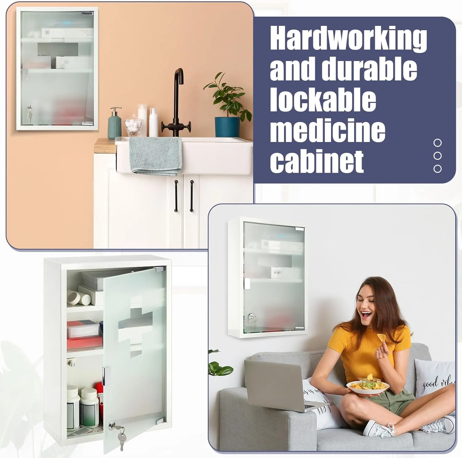 Timgle First Aid Wall Cabinet with Lock Medicine Wall Mounted Bathroom Storage Hanging Medical Cabinet with Safety Glass Door for Bathroom (3 Shelves,White)