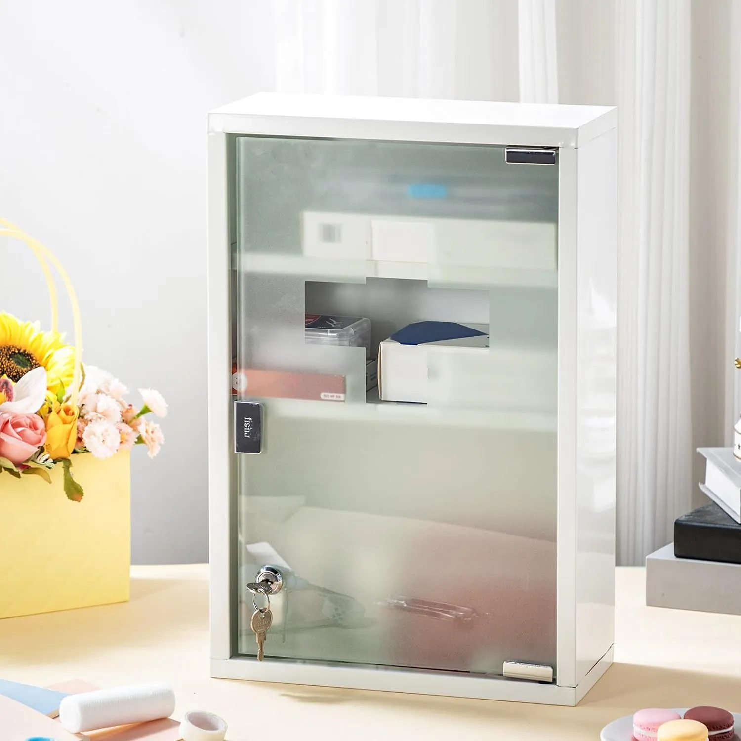 Timgle First Aid Wall Cabinet with Lock Medicine Wall Mounted Bathroom Storage Hanging Medical Cabinet with Safety Glass Door for Bathroom (3 Shelves,White)