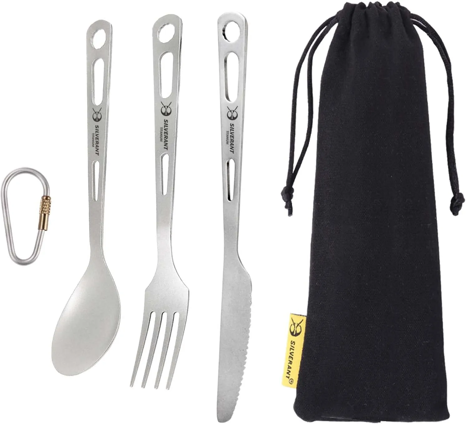 Titanium 3 Piece Cutlery Set, Extra Strong Ultra-Lightweight Durable Knife Fork & Spoon Tableware for Outdoor Camping & Hiking, Comes with Drawstring Bag & Titanium Carabiner