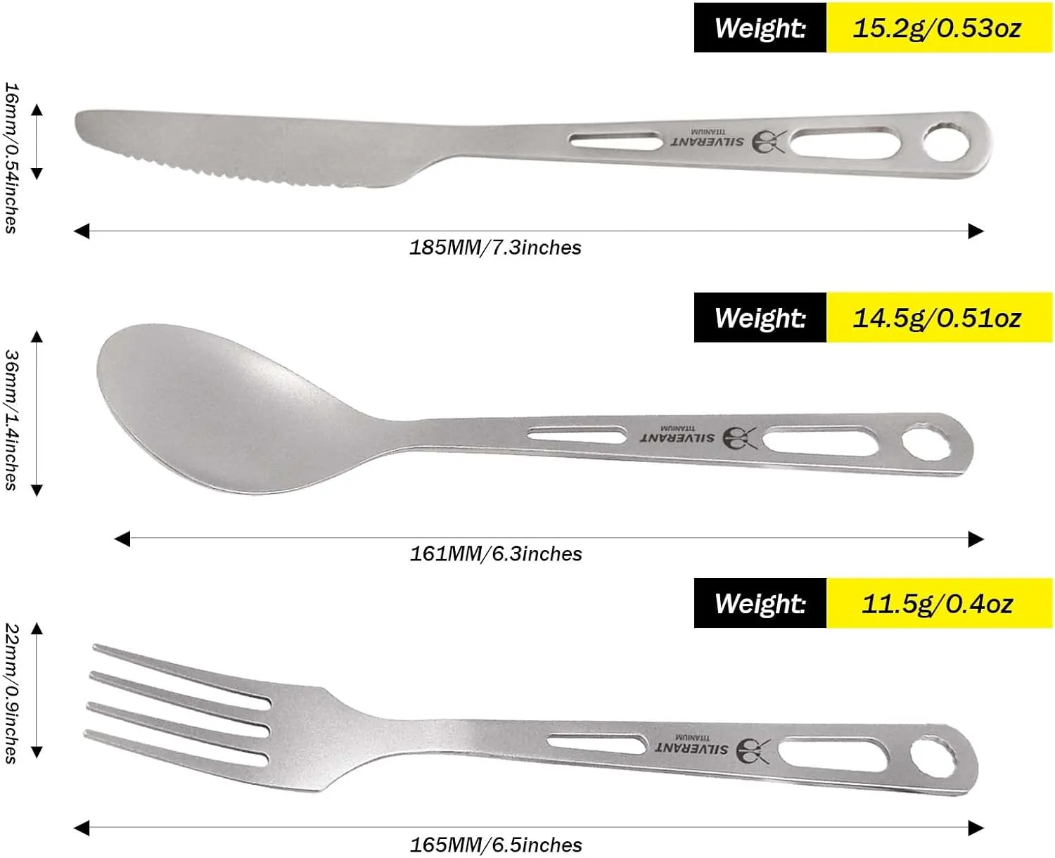 Titanium 3 Piece Cutlery Set, Extra Strong Ultra-Lightweight Durable Knife Fork & Spoon Tableware for Outdoor Camping & Hiking, Comes with Drawstring Bag & Titanium Carabiner