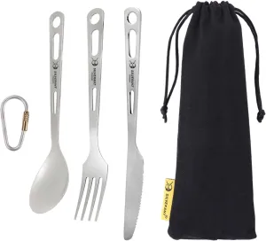 Titanium 3 Piece Cutlery Set, Extra Strong Ultra-Lightweight Durable Knife Fork & Spoon Tableware for Outdoor Camping & Hiking, Comes with Drawstring Bag & Titanium Carabiner