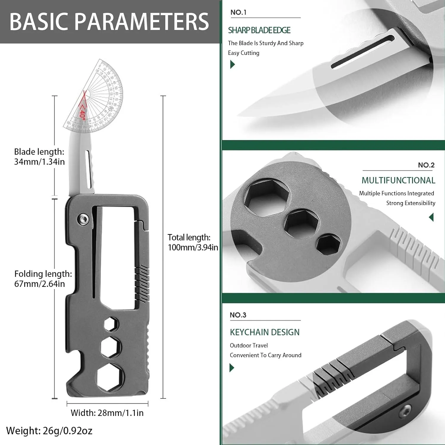 Titanium Carabiner Clip, EDC Carabiner Keychain Multitool with Knife Bottle Opener Wrench Screwdriver, Utility Quick Release EDC Keychain Gadgets for Men (2 PCS B)