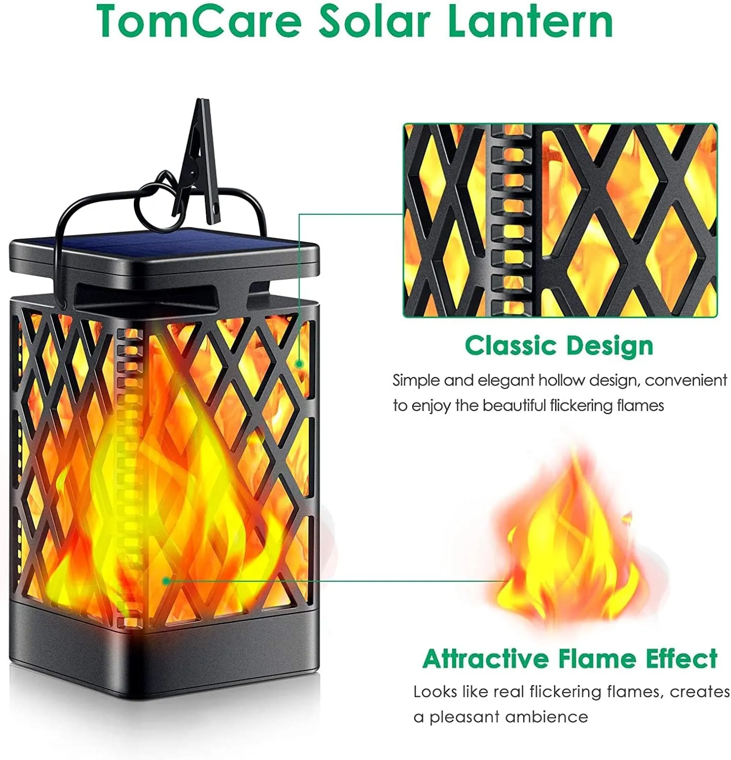 TomCare Solar Lights Outdoor Flickering Flame Solar Lantern Outdoor Hanging Lanterns Decorative Outdoor Lighting Solar Powered Waterproof LED Flame Christmas Lights for Patio Garden, Black 4 Pack