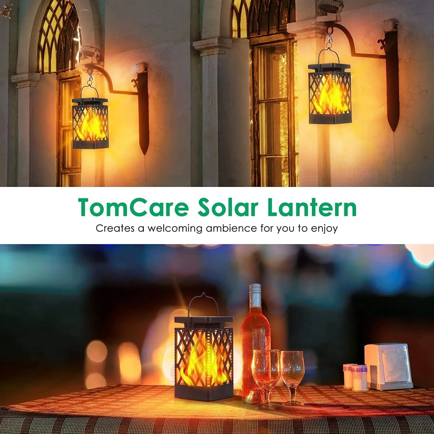 TomCare Solar Lights Outdoor Flickering Flame Solar Lantern Outdoor Hanging Lanterns Decorative Outdoor Lighting Solar Powered Waterproof LED Flame Christmas Lights for Patio Garden, Black 4 Pack