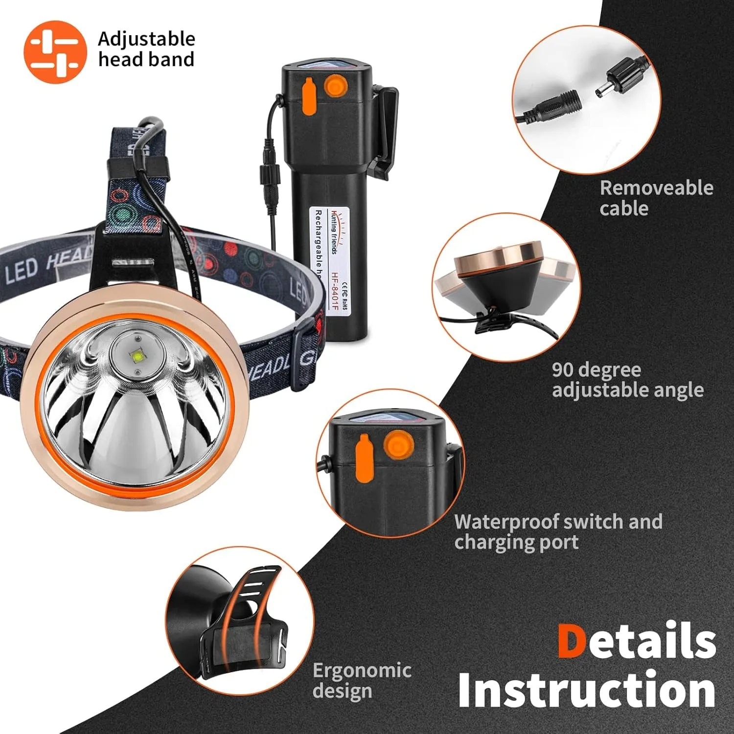 Torch Rechargeable Hiking, Outdoor LED Comfortable Ultra Bright Waterproof Head Wear Power Flashlight, Last-minute sale Adjustable High Fishing, Head Activities, Headlamp for Hands-Free Hunting, Camping, High-efficiency - Emergency,