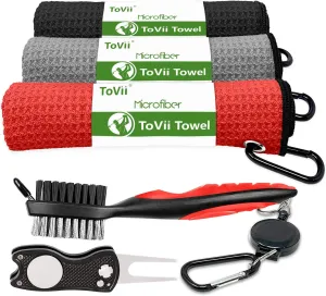 ToVii Golf Towel Microfiber Waffle Pattern Golf Towel | Brush Tool Kit with Club Groove Cleaner | Golf Divot Tool | Golf Accessories for Men