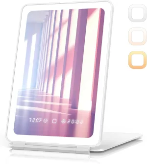 Travel Makeup Mirror with Time & Temperature Display, 2000mAh Rechargeable Battery, 7.5" Portable Foldable Lighted Mirror
