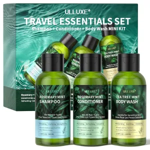 Travel Size Shampoo Conditioner Body Wash Set, Cleansing, Refreshing, Convenient for Trips, Hotel, Camping & Gym, Infused with Rosemary Mint & Tea Tree Oil, Gentle for Baby & Whole Family, 3.38 Oz Ea