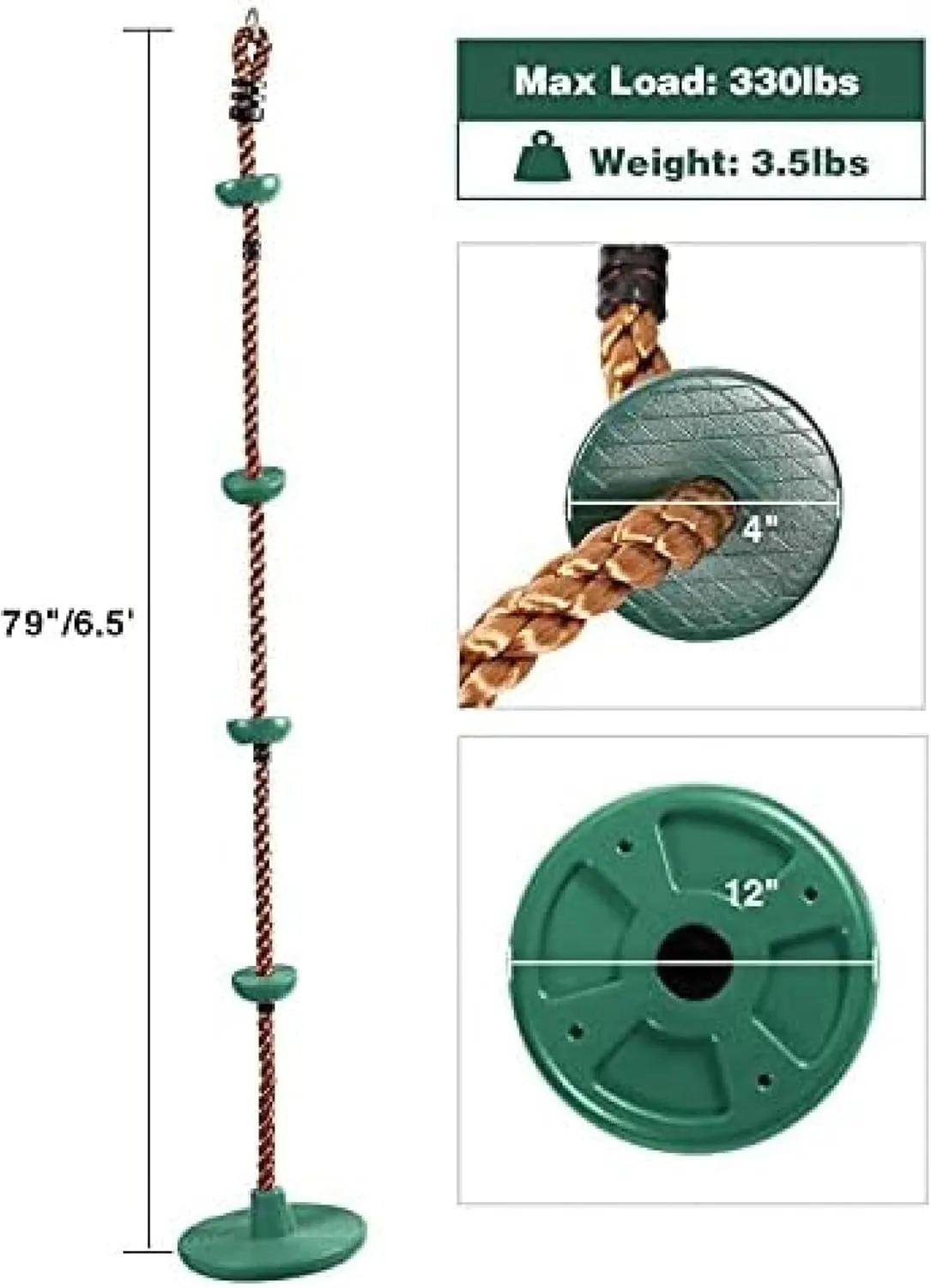 Tree Climbing Swing Rope, Heavy Duty Plastic disc Swing seat, Suitable for Children and Adults, with Lanyard and snap Hook.