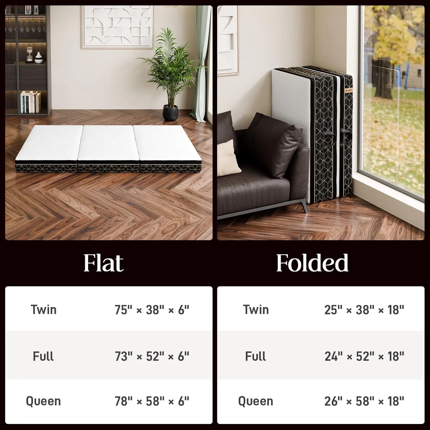 Tri-Fold Memory Foam Mattress Twin - 6 Inch Portable Folding Mattress with Handle & Washable Cover, Floor Bed with Non-Slip Base, Space-Saving for Kids Room, Travel, Guest Bed, Yoga, RV, 75"x38"x6"