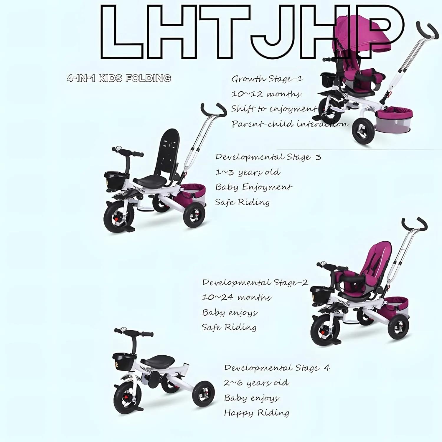 Trike Stroller,4 in 1 Baby Tricycle, Multi-Purpose Bike, Folding steering Tricycle Stroller, Learning Bike With Removable Handrail, Shock Absorbing Design,Push Tricycle for Toddlers 1-6,White k