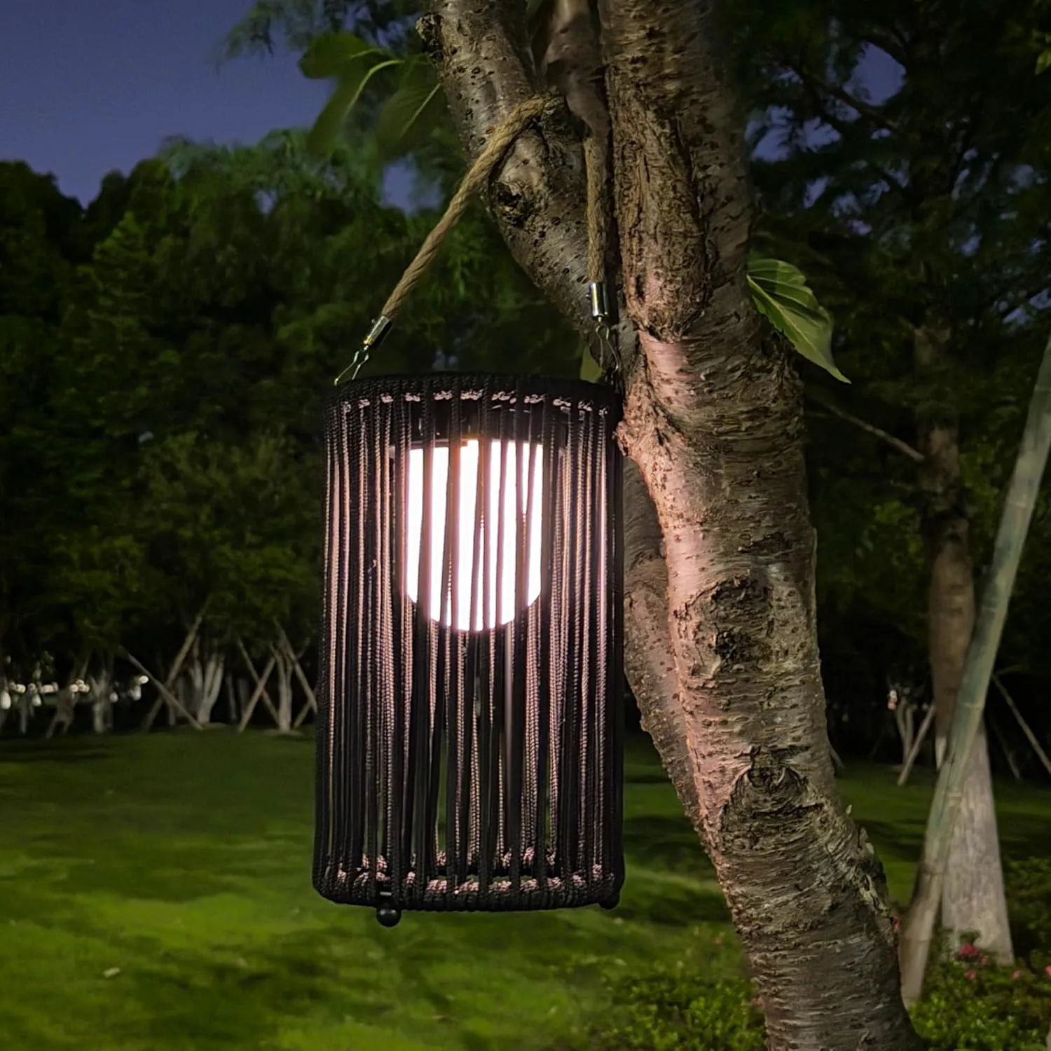 TRIROCKS Set of 2 Solar Lantern Outdoor Table Lamp Outside Hanging Solar Lights with Olifen Rope Waterproof Rattan Outside Deck Light for Patio Garden Lawn Yard (Black)