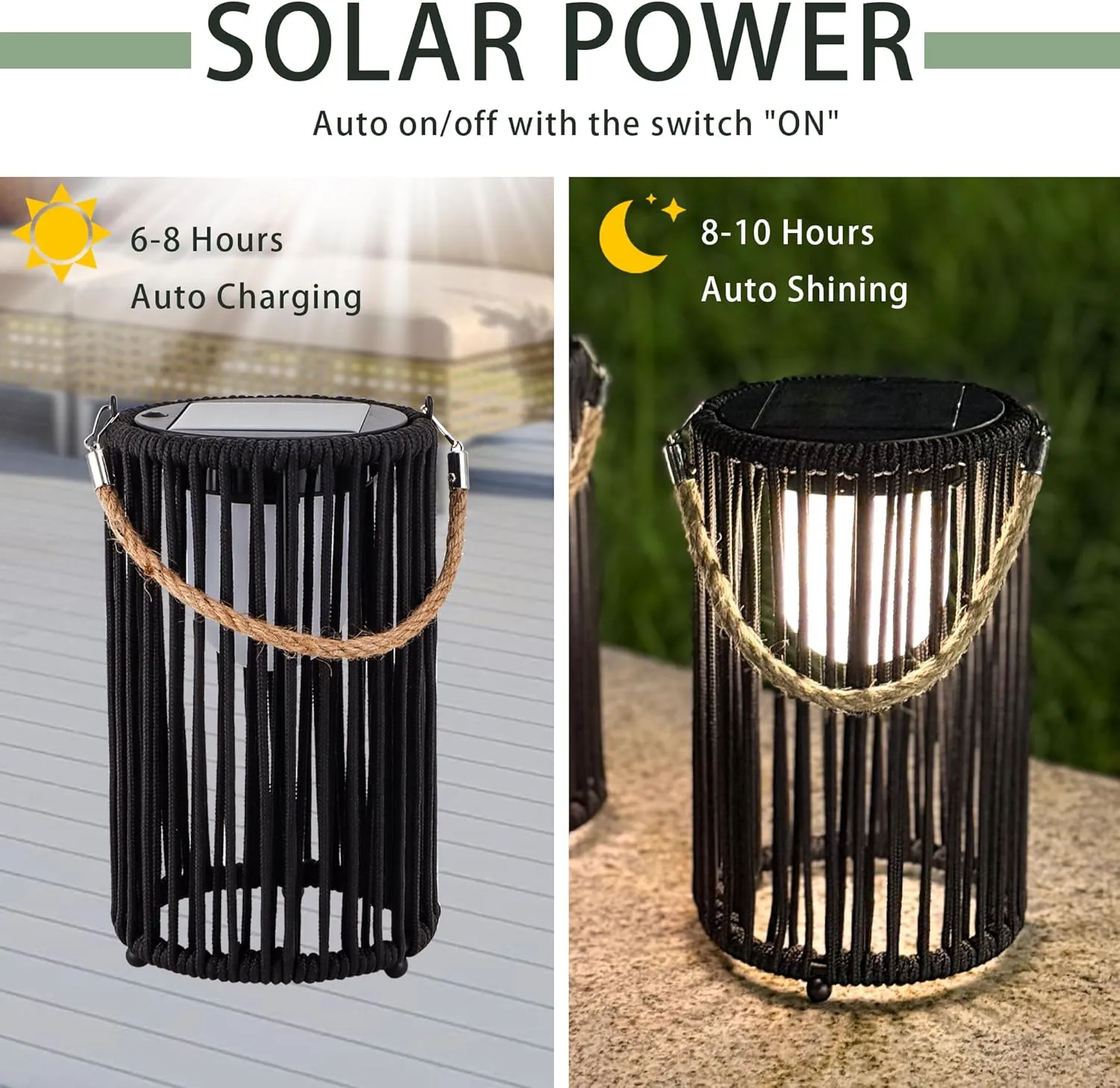 TRIROCKS Set of 2 Solar Lantern Outdoor Table Lamp Outside Hanging Solar Lights with Olifen Rope Waterproof Rattan Outside Deck Light for Patio Garden Lawn Yard (Black)
