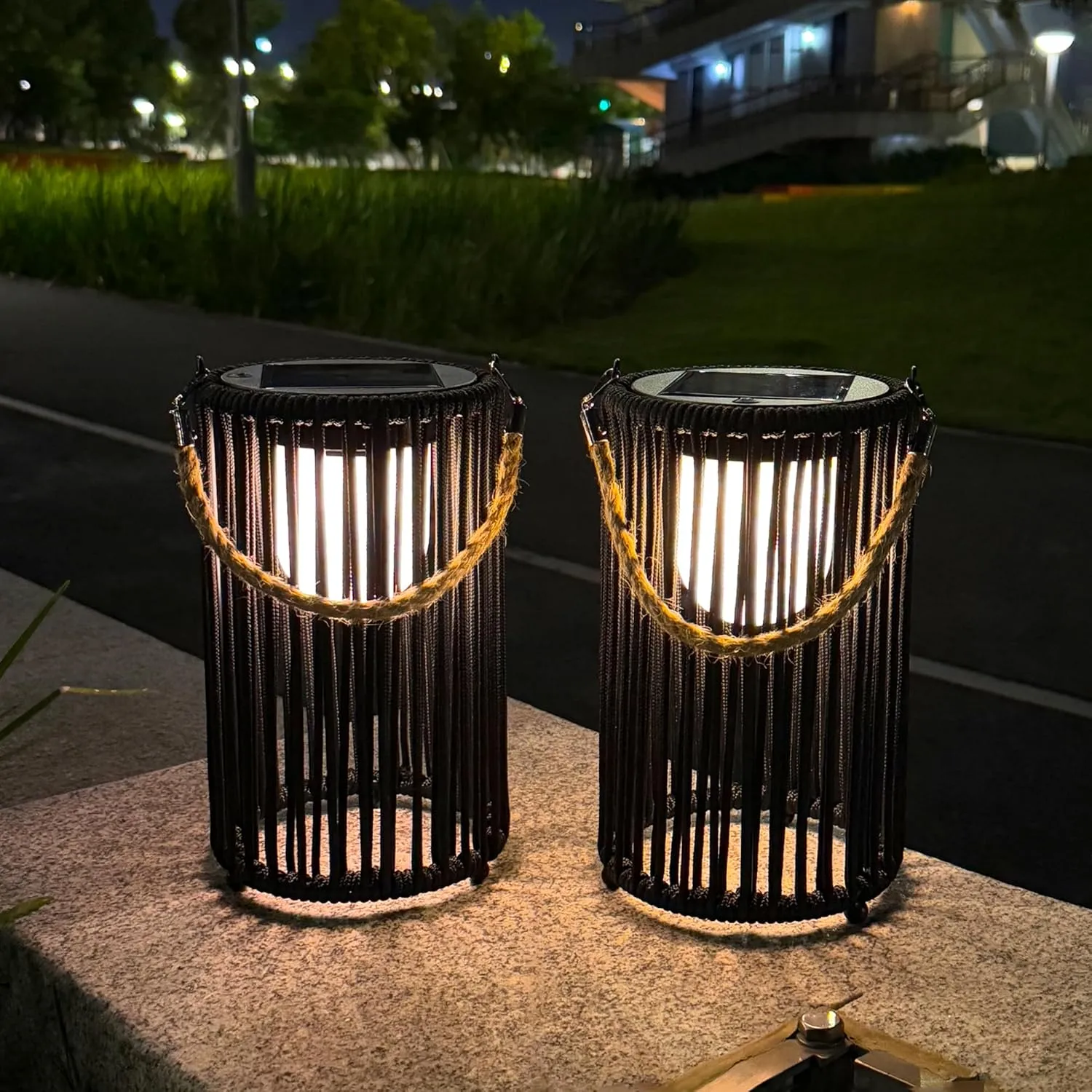 TRIROCKS Set of 2 Solar Lantern Outdoor Table Lamp Outside Hanging Solar Lights with Olifen Rope Waterproof Rattan Outside Deck Light for Patio Garden Lawn Yard (Black)