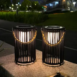 TRIROCKS Set of 2 Solar Lantern Outdoor Table Lamp Outside Hanging Solar Lights with Olifen Rope Waterproof Rattan Outside Deck Light for Patio Garden Lawn Yard (Black)