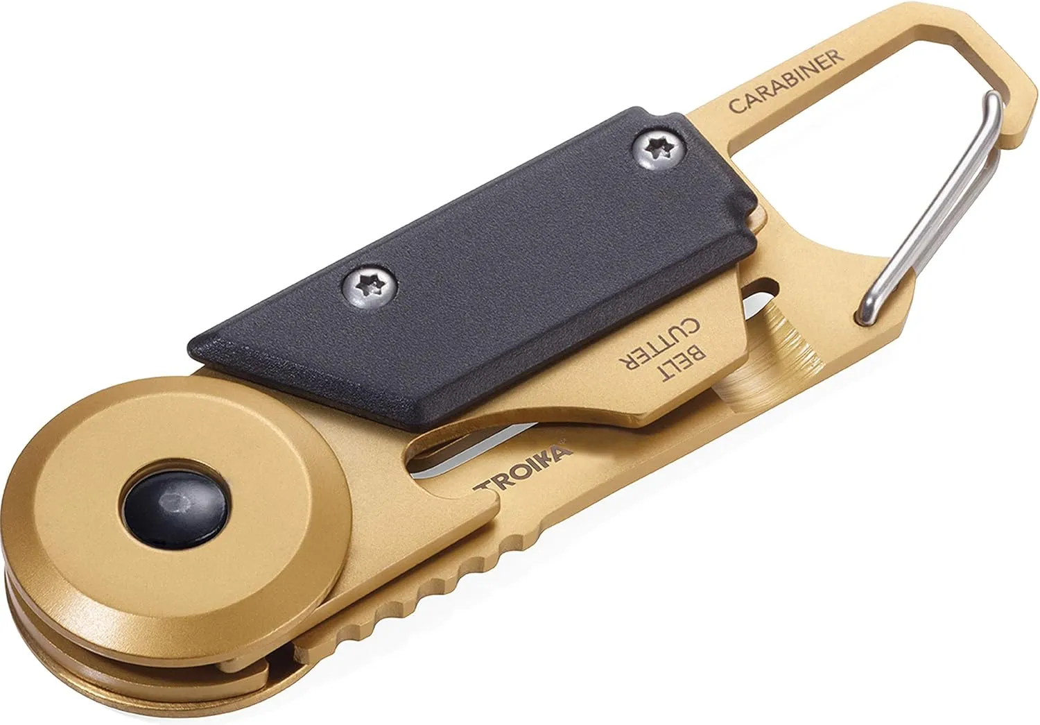 TROIKA Mini tool with 5 functions, – EGON – – parcel cutter – carabiner – small saw blade – 420 stainless steel, aluminium – black, gold-coloured