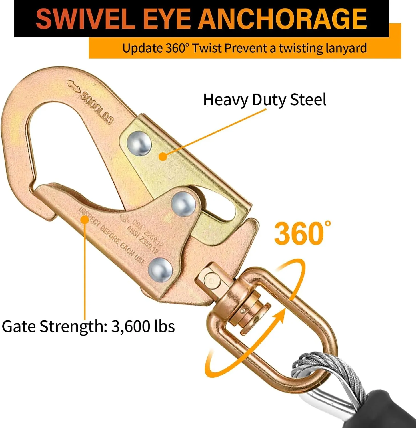 TRSMIMA Fall Protection Retractable Lanyard - 20ft Self-Retracting Fall Arrest Safety Construction Roofing Galvanized Steel Cable Swivel Top