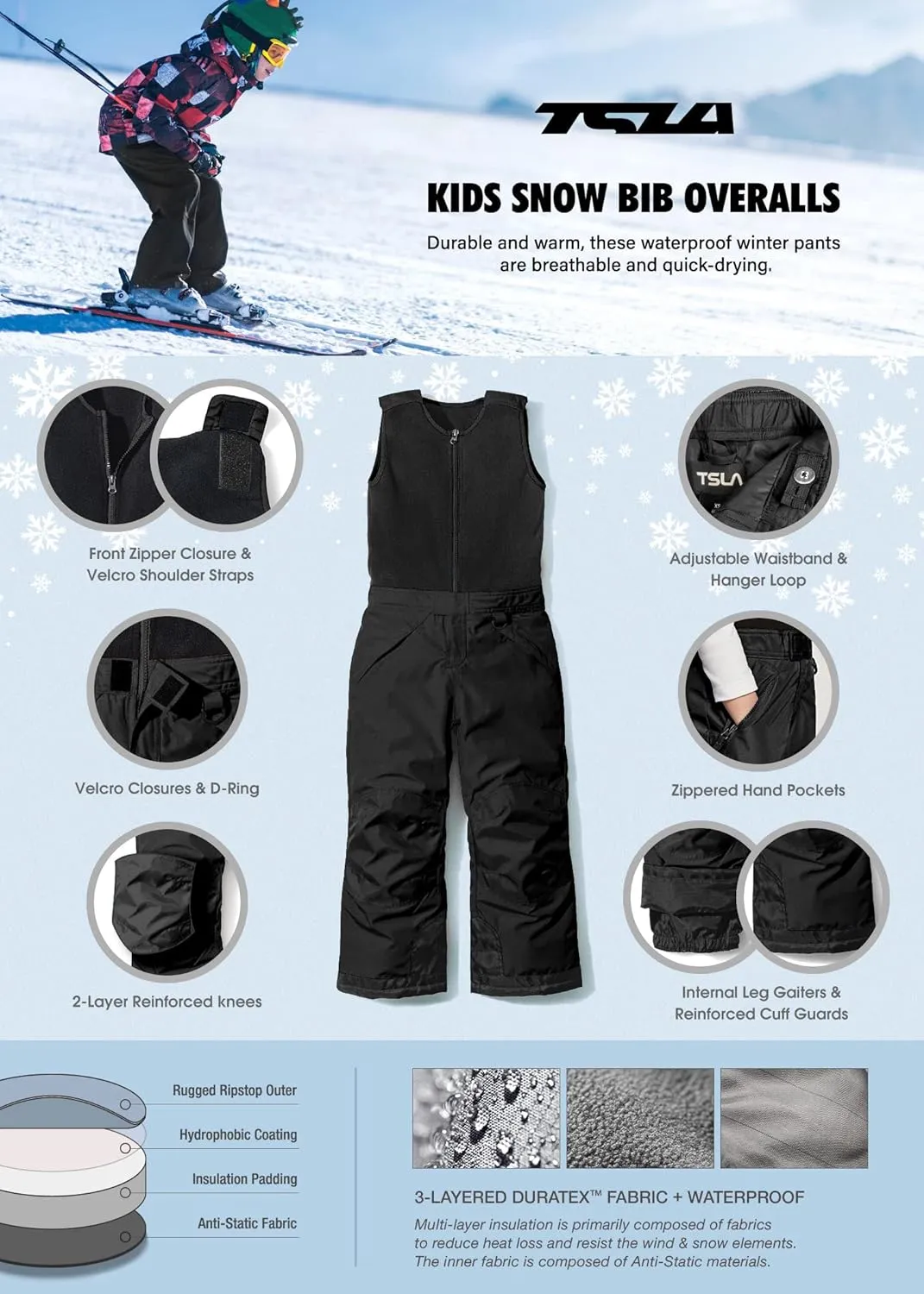 TSLA Kids Little Boys Girls Baby Winter Snow Bibs, Waterproof Insulated Snowboard Overalls, Ripstop Ski Pants