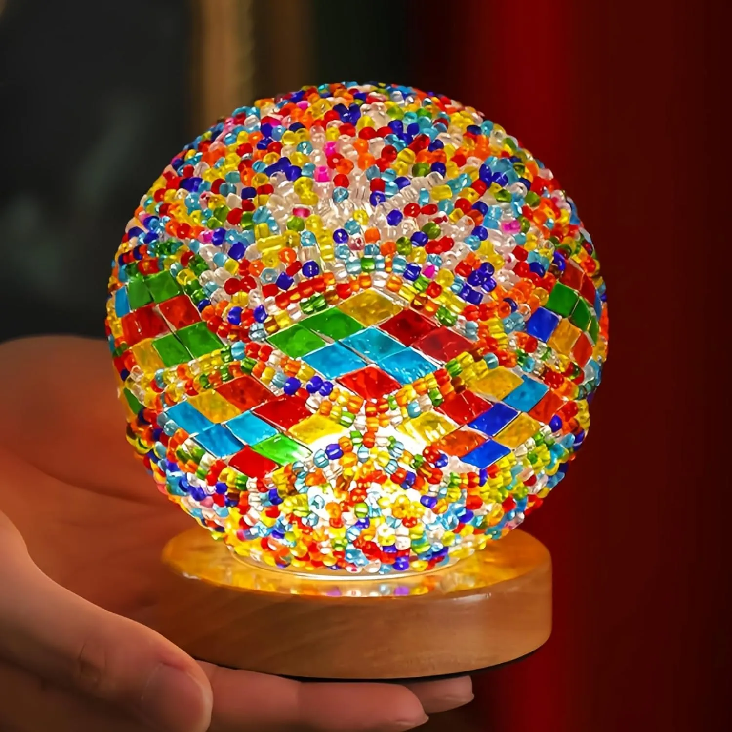 Turkish Moroccan Lamp,Mosaic Glass Lamps with Wooden Base, Handmade Tiffany Bedside Lamps Portable USB Power Moroccan Lantern for Living Room Decorations