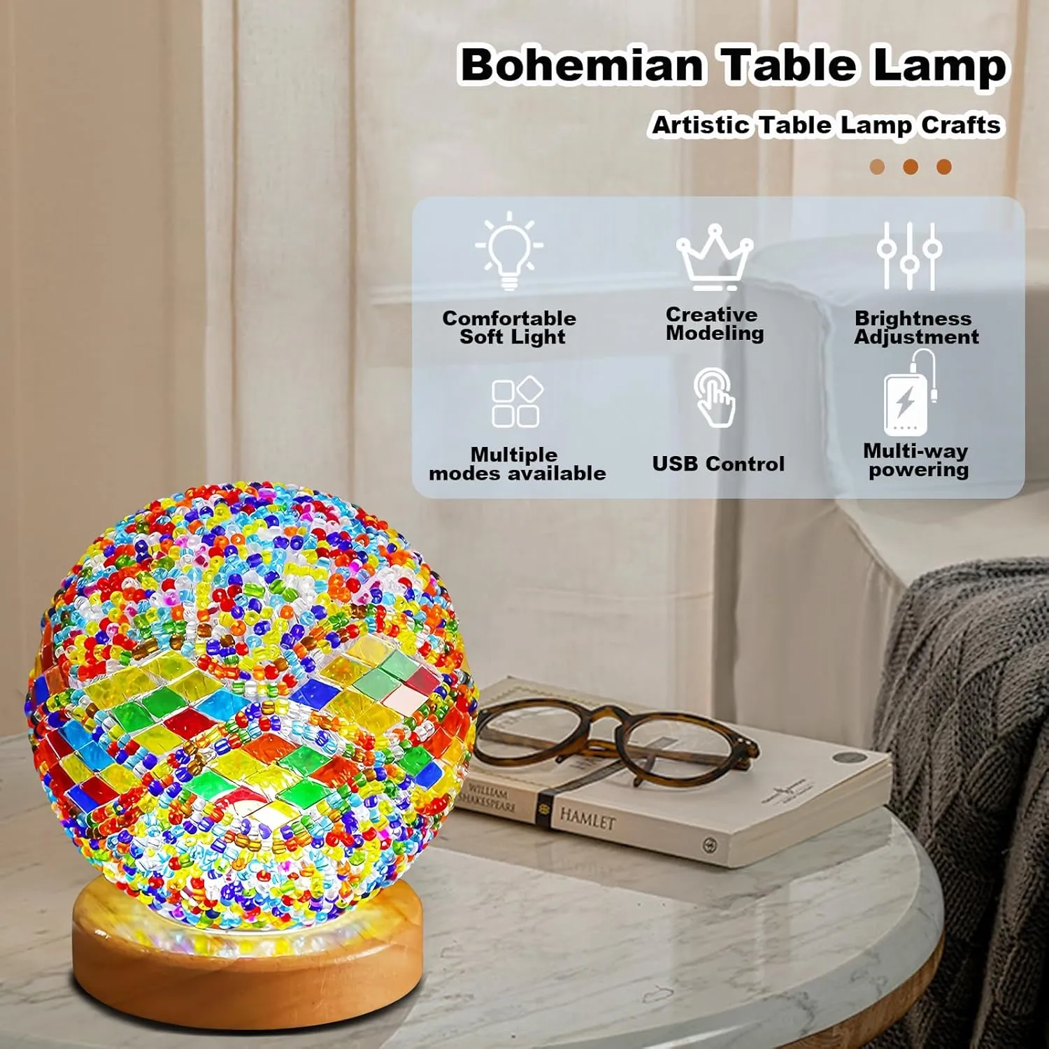 Turkish Moroccan Lamp,Mosaic Glass Lamps with Wooden Base, Handmade Tiffany Bedside Lamps Portable USB Power Moroccan Lantern for Living Room Decorations