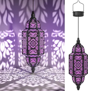 Twinkya 2 Pack Hanging Solar Lights Outdoor Garden Decorative Solar Lantern Waterproof Metal Moroccan Outdoor Decorations for Patio Pathway Yard Porch Backyard Garden Decor (Purple, 2 Pack)