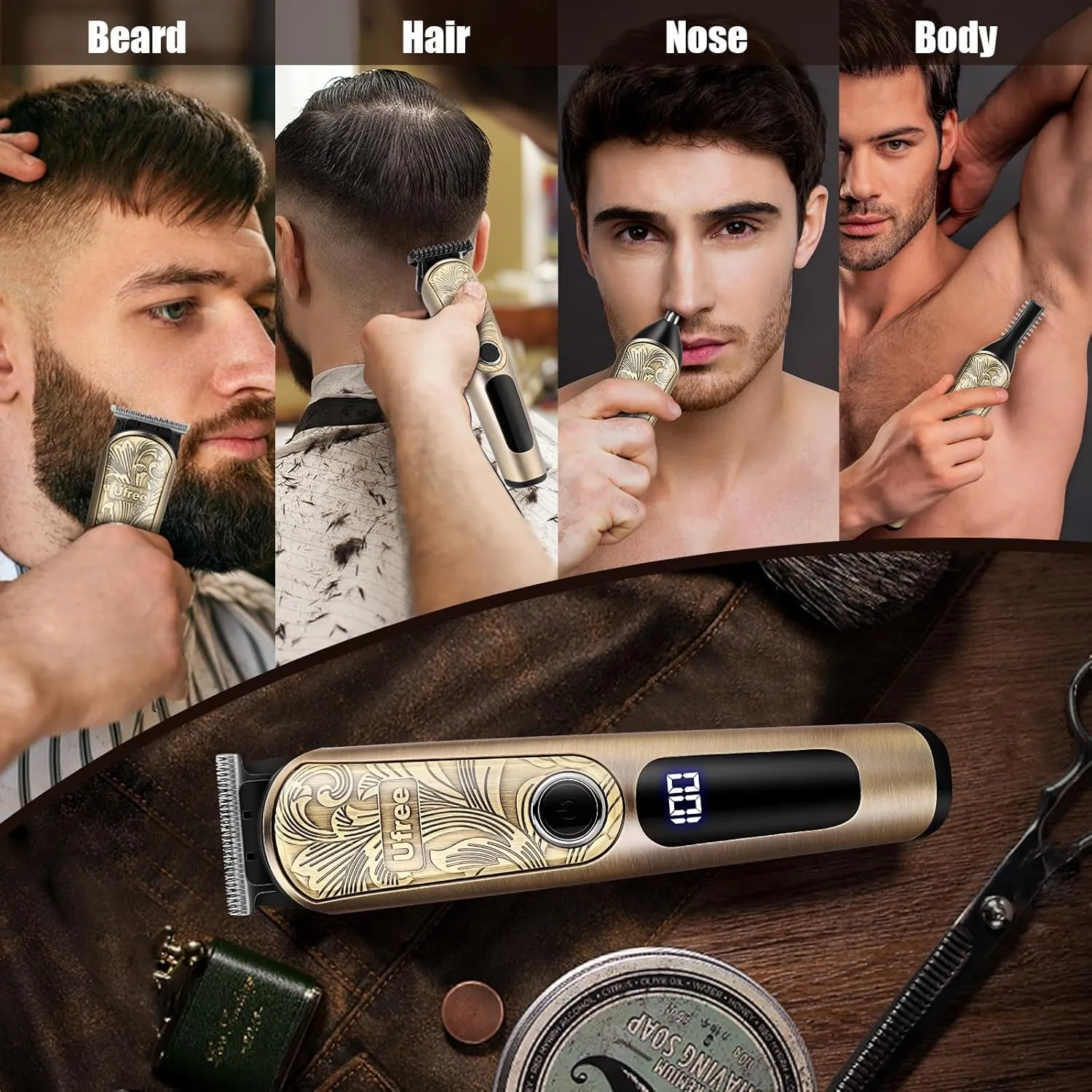 Ufree Gifts for Men, Beard Trimmer with Charging Stand, IPX7 Waterproof Electric Razor Shavers for Men, Clippers for Hair Cutting, Mens Grooming Kit for Mustache Nose Facial Body